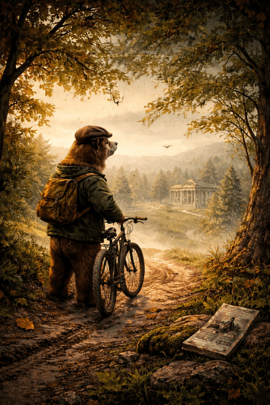 Ein brauner Bär in grüner Jacke und Schiebermütze steht mit einem Mountainbike am Waldrand; vor ihm führt ein Weg durch warmes Herbstlicht zu einem nebeligen, säulenförmigen Museumsgebäude in der Ferne.