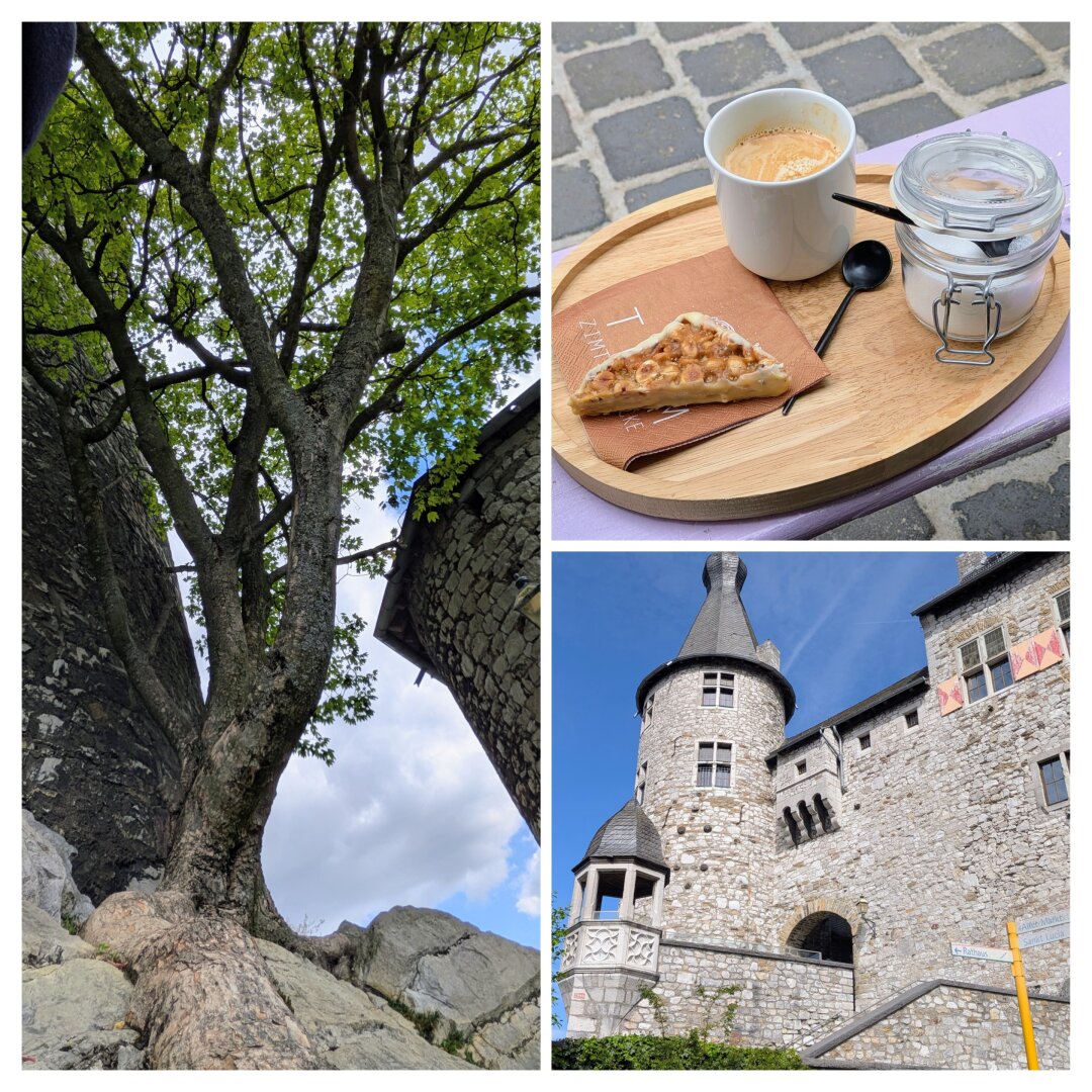 Collage aus drei Motiven: Links ein großer Baum, der zwischen alten Burgmauern in den Himmel wächst, unten Wurzeln im Stein. Oben rechts ein Tablett mit Kaffee, Nussecke und kleinem Glas, auf einem Tisch in einer ruhigen Altstadt. Unten rechts ein Turm der Burg Stolberg vor blauem Himmel. Drei ruhige Szenen zwischen Stein, Alltag und einem kurzen Moment Pause.