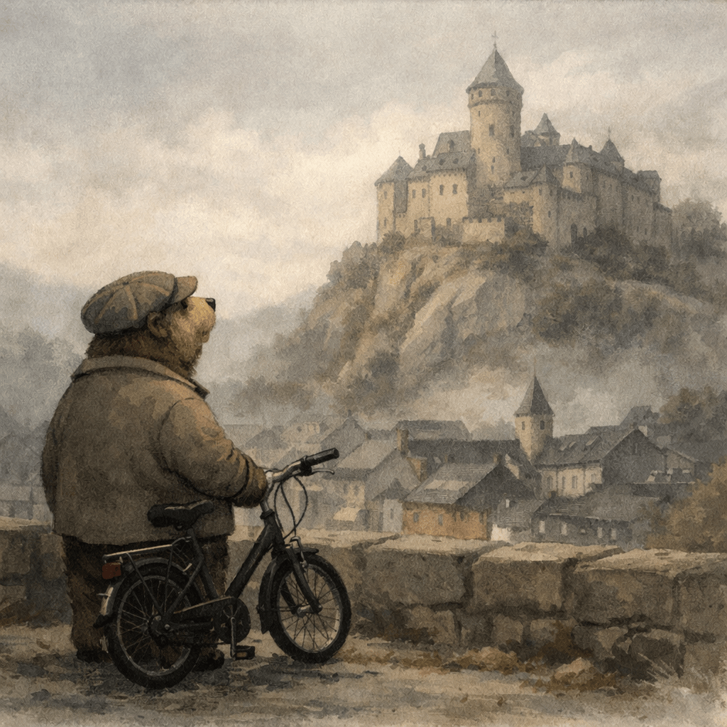 Ein leicht melancholisches, gemaltes Bild: Ein ruhiger Bär mit Schiebermütze steht neben einem kleinen Fahrrad und blickt zu einer mittelalterlichen Burg hinauf, die auf einem Felsen über einer stillen Stadt liegt. Die Farben sind gedämpft, das Licht weich, die Szene wirkt ruhig und nachdenklich.