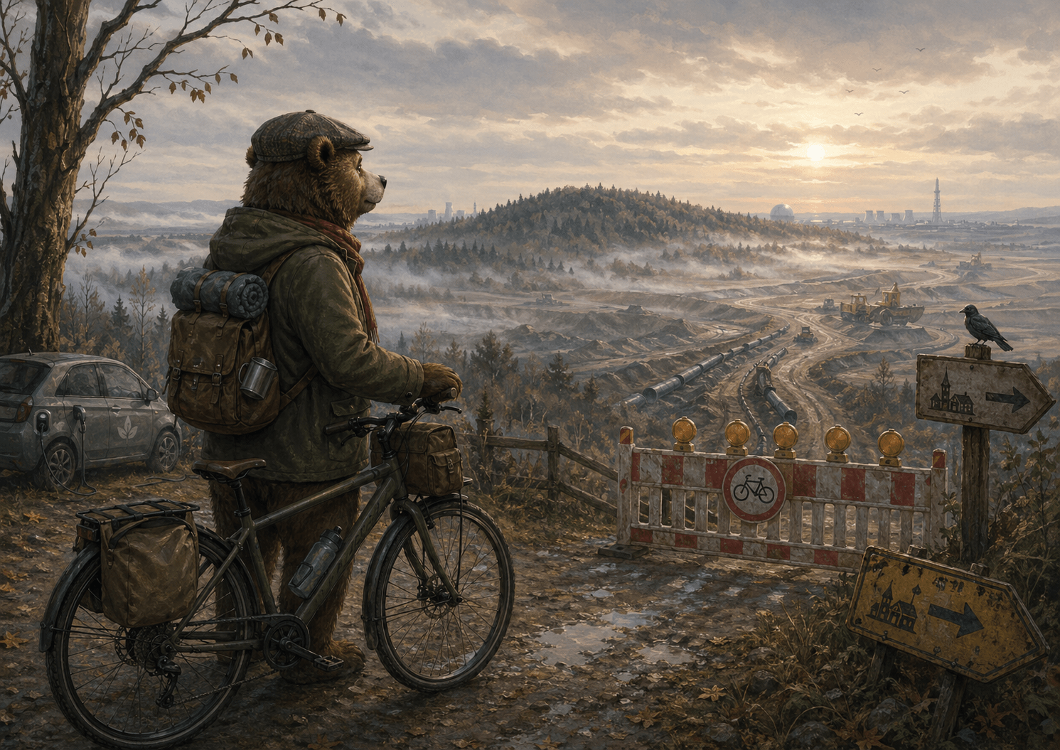 Alt-Text: Captain Faulmann steht mit Fahrrad und Schiebermütze an einer gesperrten Radstrecke am Rand des Rheinischen Reviers. Im diesigen Morgenlicht blickt er über eine weite, vom Tagebau und Bauarbeiten geprägte Landschaft. Im Hintergrund sind Wald, Rohrleitungen, Maschinen und ferne technische Anlagen zu sehen. Links steht seine Elektrokutsche, rechts weisen Baustellenbarrieren und Umleitungsschilder auf den gesperrten Speedway hin.