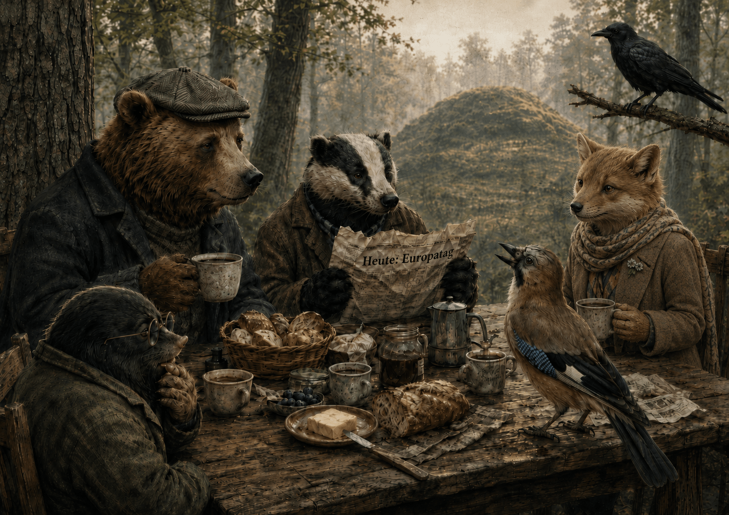 Illustration einer Frühstücksszene im Wald: An einem rustikalen Holztisch sitzen mehrere anthropomorphe Waldtiere. Links hält Captain Faulmann, ein erwachsener Bär mit Schiebermütze und Mantel, eine Tasse Kaffee. In der Mitte liest Dachsbert, ein Dachs im Jackett, ein zerknülltes Zeitungspapier mit der Überschrift "Heute: Europatag". Daneben sitzt Mummrich, ein Maulwurf mit runder Brille, nachdenklich am Tisch. Rechts sitzt Liora, eine fein gezeichnete weibliche Waldtierfigur mit Schal und Tasse. Auf dem Tisch stehen Brot, Butter, Marmelade, Beeren, Kaffeekanne und mehrere Tassen. Ein Eichelhäher steht auf dem Tisch, als würde er sich ins Gespräch einmischen. Oben rechts beobachtet eine Krähe die Szene von einem Ast. Im Hintergrund liegt am Rand der Lichtung ein moosiger Hügel, der leicht an einen alten Schildkrötenpanzer erinnert: William. Die Stimmung ist ruhig, warm und leicht melancholisch.