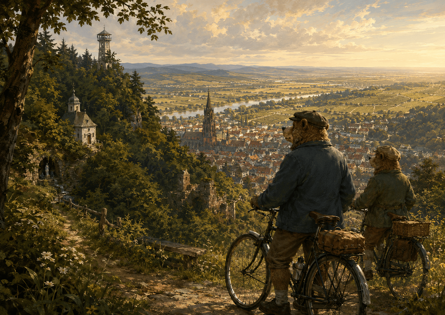 Captain Faulmann und seine Schwester stehen mit Fahrrädern auf einem bewaldeten Höhenweg über Freiburg. Unter ihnen liegen Stadt, Münster, Dreisam und weite Landschaft im warmen Abendlicht. Links im Wald sind St. Ottilien, der Rosskopfturm und Burgreste angedeutet.