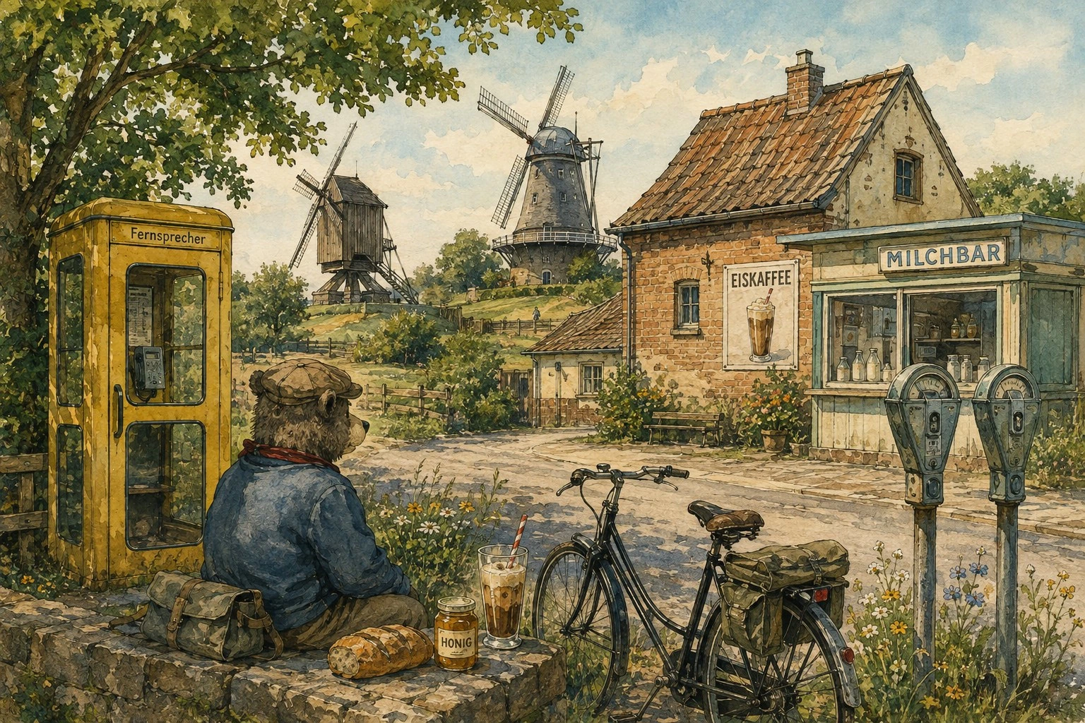 Illustration: Cpt. Faulmann sitzt mit Fahrrad, Brot, Honig und Eiskaffee im Freilichtmuseum; hinter ihm stehen eine gelbe Telefonzelle, die Milchbar und zwei Windmühlen.