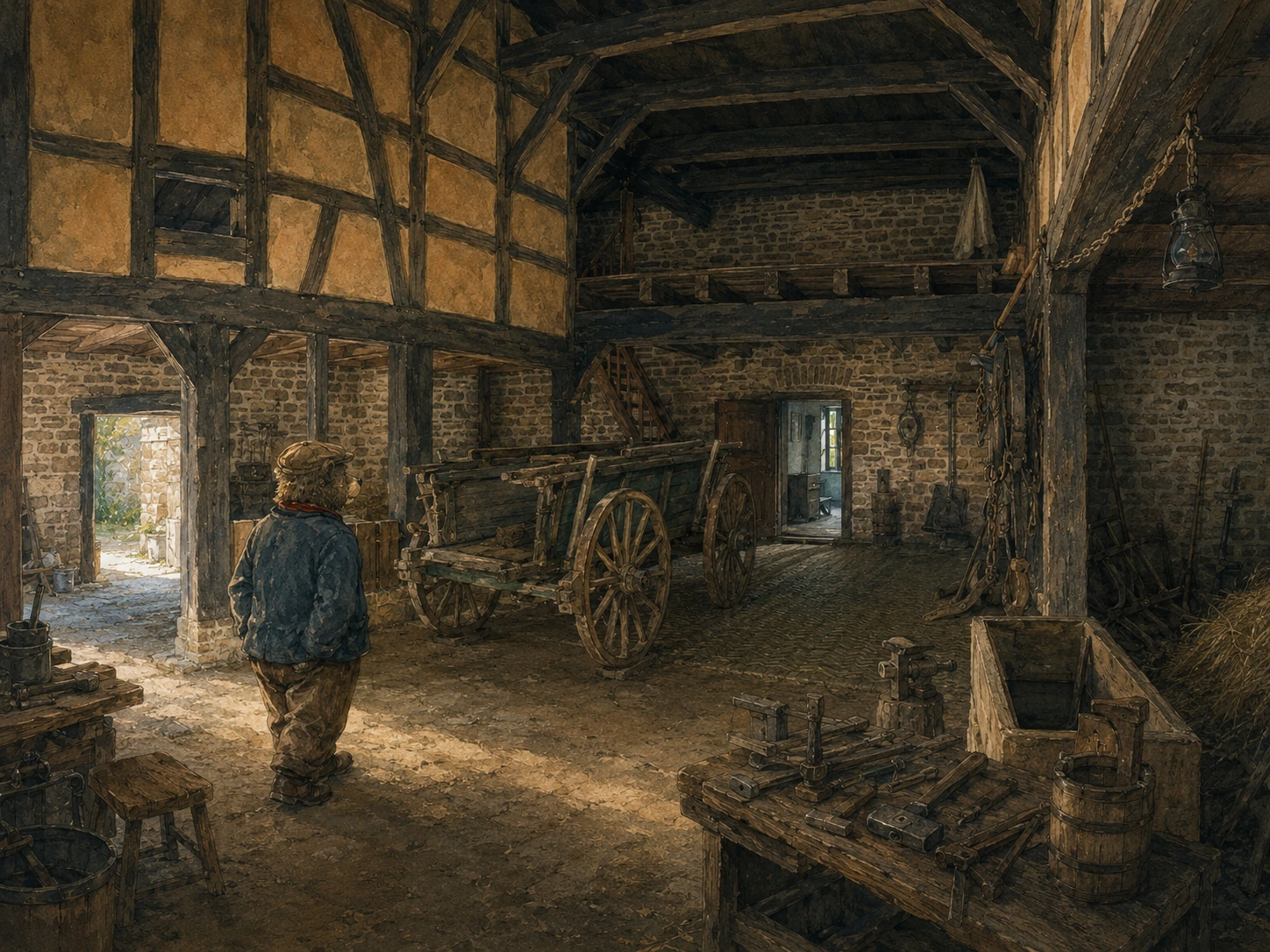 Illustration: Cpt. Faulmann steht in der großen Diele eines Hallenhauses zwischen hölzernem Wagen, Werkzeugen, Fachwerk und Bruchsteinmauern.