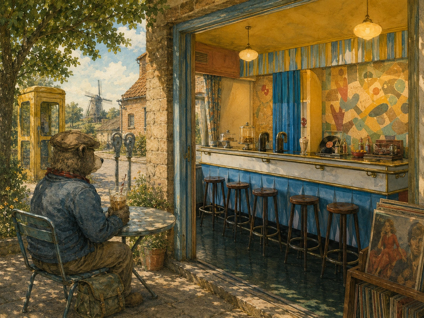 Illustration: Cpt. Faulmann sitzt mit Eiskaffee im Schatten vor der blau-gelben Milchbar; daneben stehen eine gelbe Telefonzelle, Parkuhren und Schallplatten.