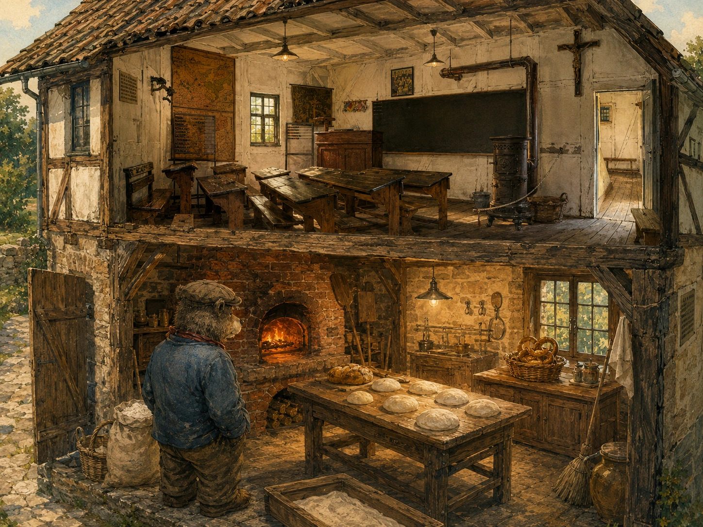 Illustration des Schul- und Backhauses: Cpt. Faulmann steht unten vor dem heißen Backofen und ungebackenen Broten; darüber liegt der historische Schulraum mit Holzbänken und Tafel.