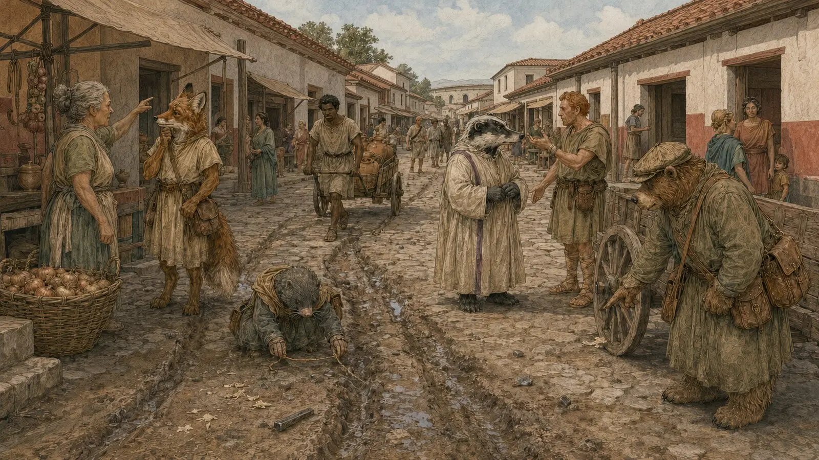 Die schweren Karren haben Lehm, Holzspäne und tiefe Spuren in den Straßen der Colonia hinterlassen.