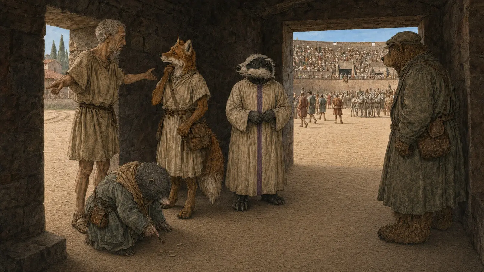 Mummrich und die anderen stehen am Seitentor des Amphitheaters vor dem falschen Ofenwagen.