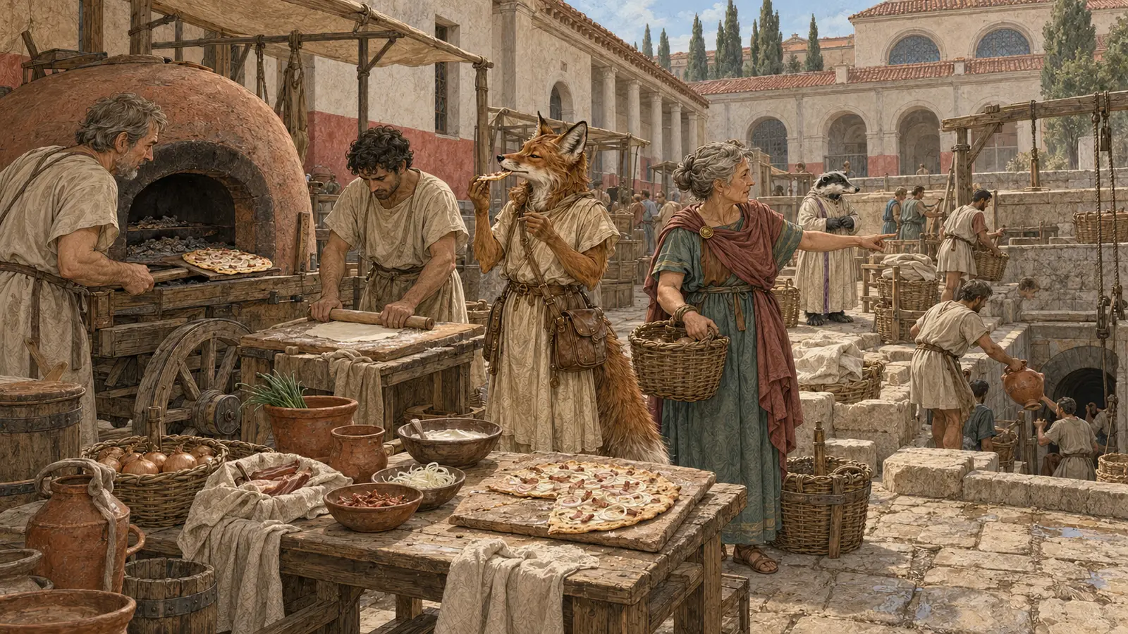 Liora kostet im Hof der Großen Thermen den ersten improvisierten Flammkuchen, während die Oberaufseherin Versorgung und Helfer zum Tunnelzugang lenkt.