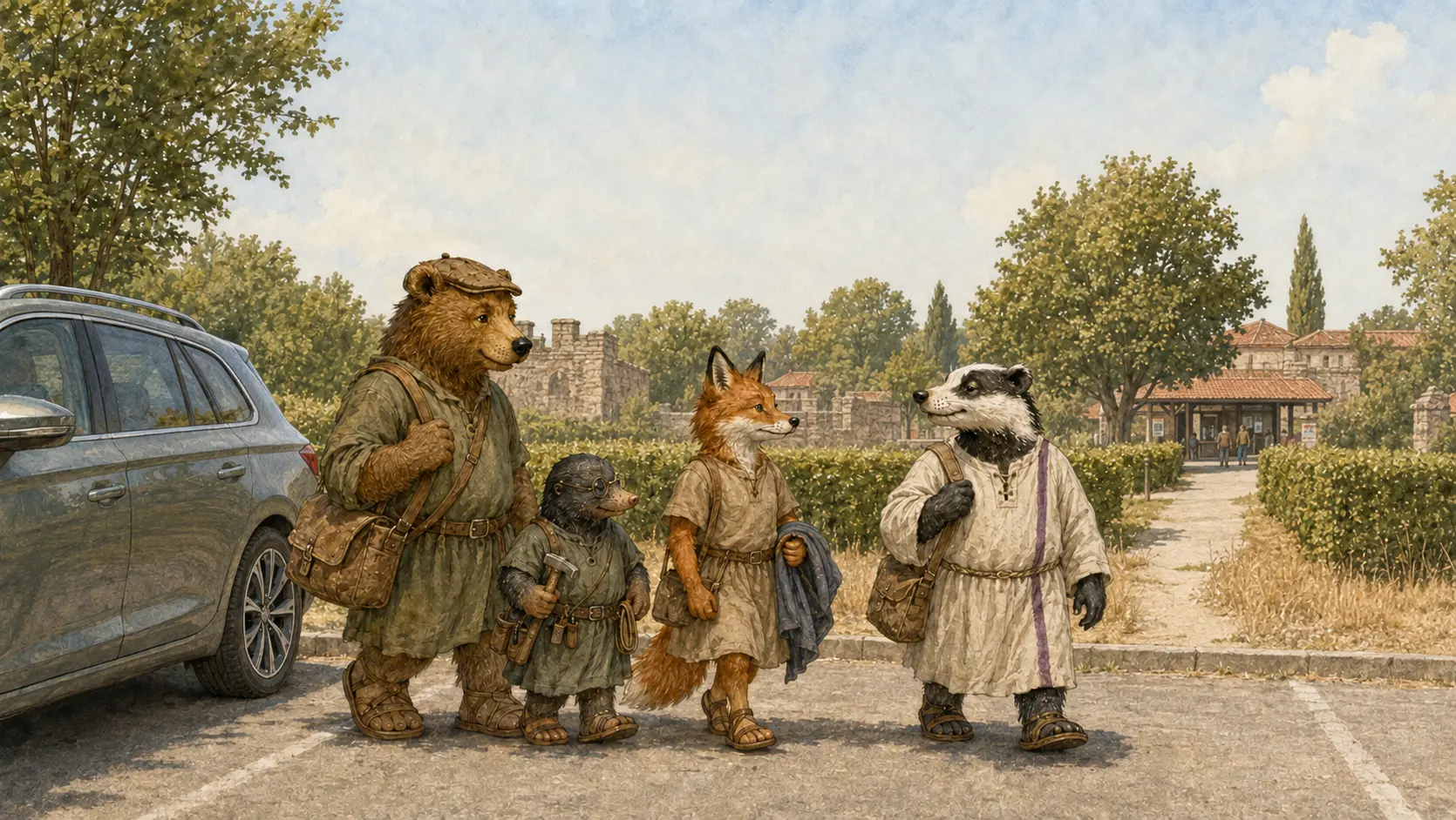 Captain Faulmann, Mummrich, Liora und Dachsbert beginnen ihren Ausflug nach Xanten.